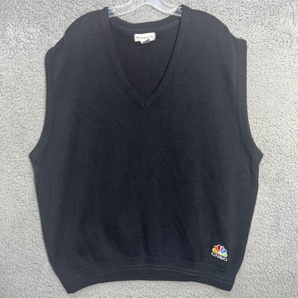 VTG Munsingwear x CNBC Men's XL Black Sweater Vest Embroider V Neck Made in USA